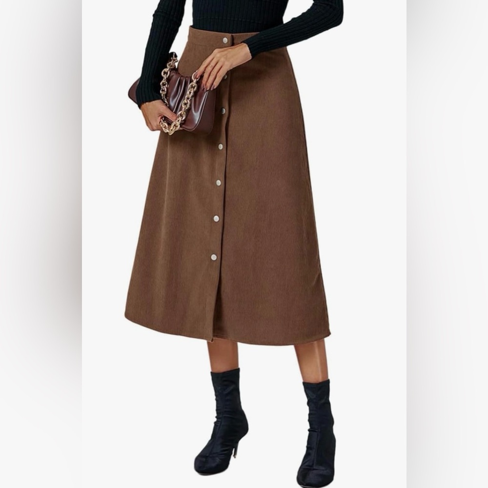 Brown Corduroy A-line Button-Down Midi Skirt with Pockets and Elastic Waist